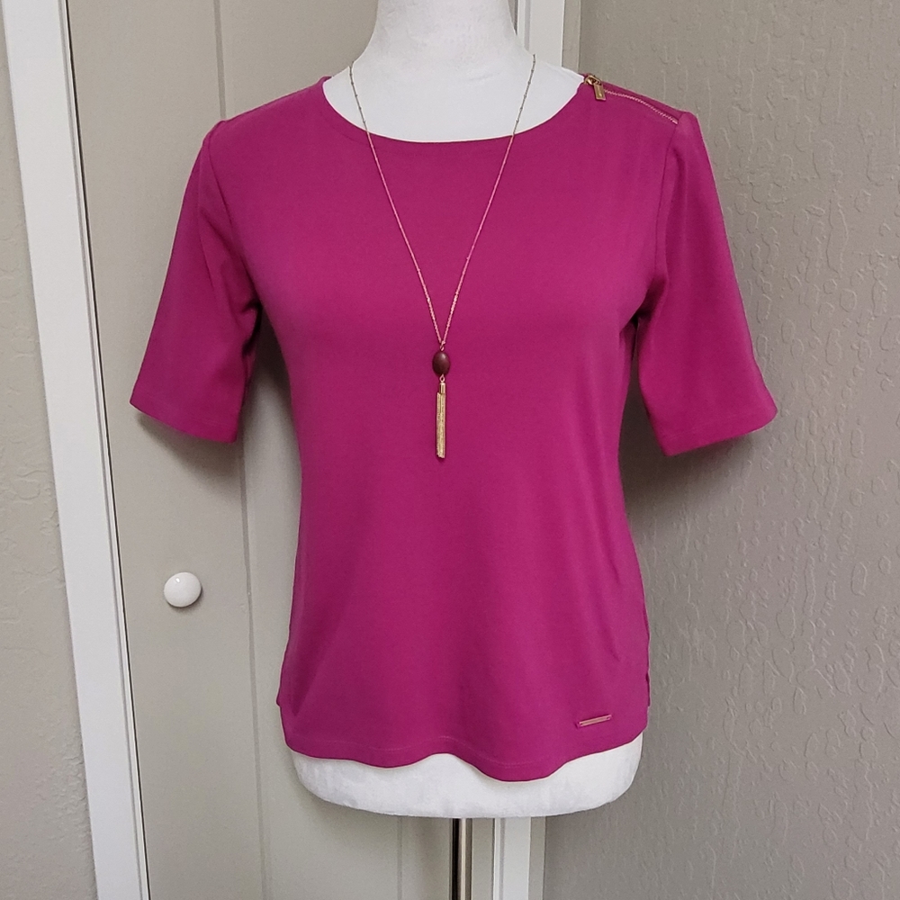 Ellen Tracy Pink Cotton Top Zipper Shoulder Wardrobe Staple Piece Size Small